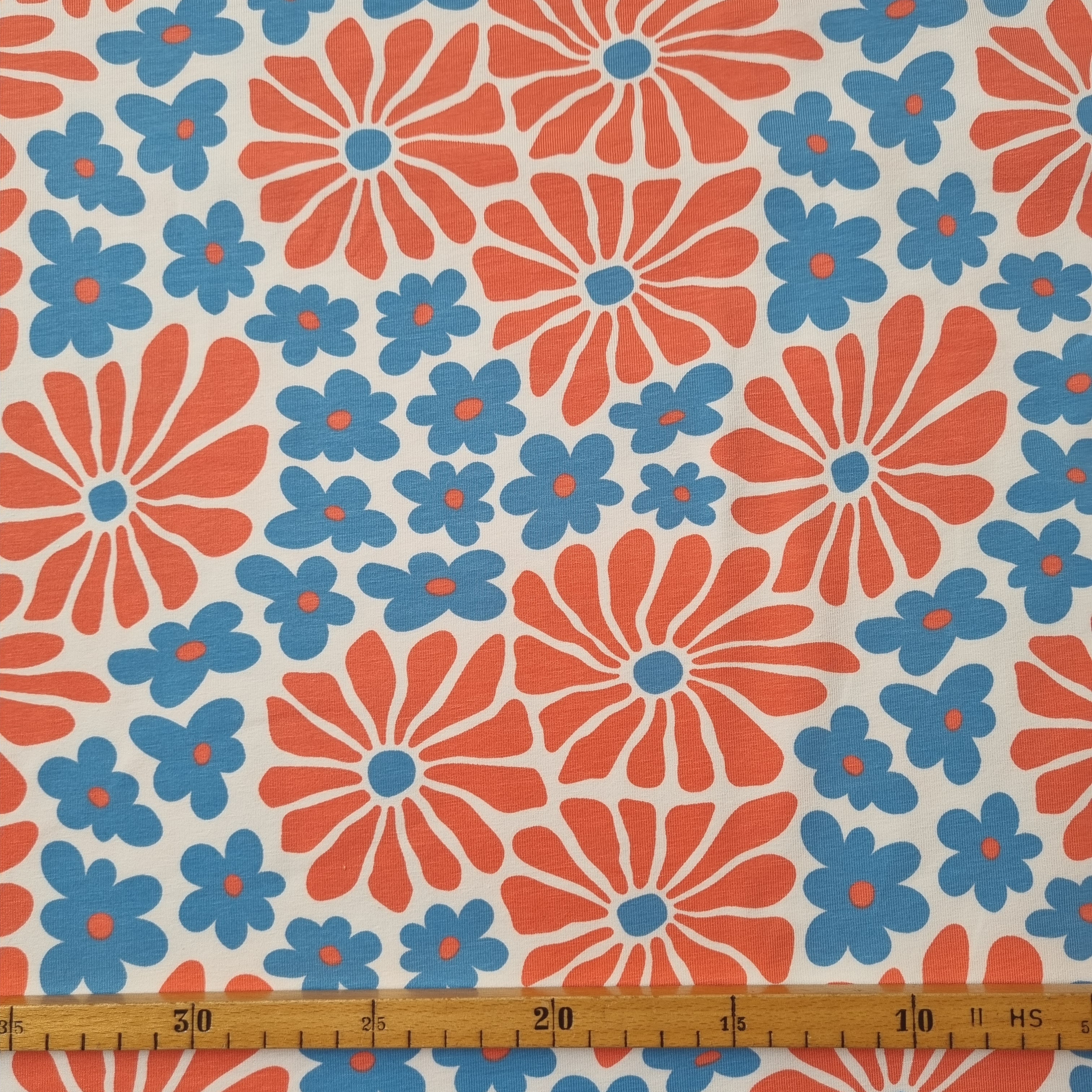 Baumwolljersey mit Retroblumen hellblau/rosa jersey, neu Hemmers Itex Malu - Stoffhaus