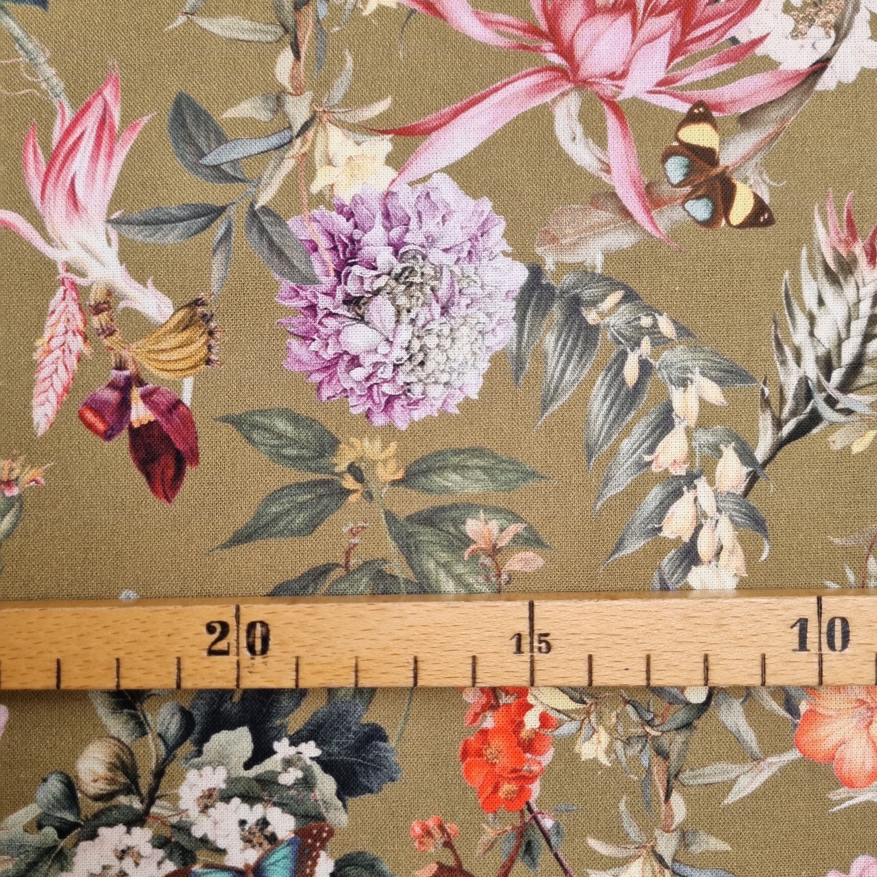 Blumen auf curryfarbenem Grund Westfalenstoffe Webstoff, neu Malu Stoffhaus - Nähschule - Atelier Malu - Stoffhaus