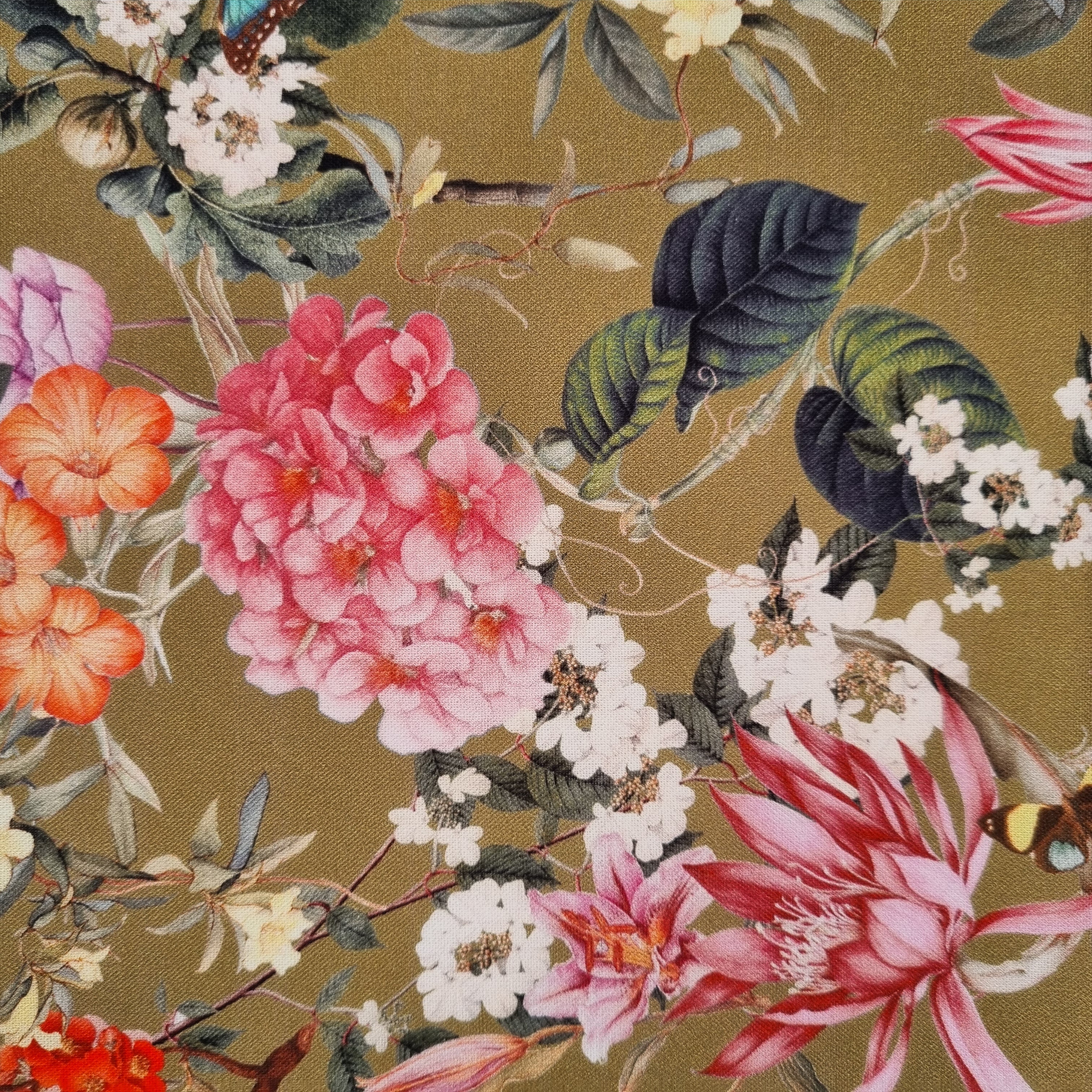 Blumen auf curryfarbenem Grund Westfalenstoffe Webstoff, neu Malu Stoffhaus - Nähschule - Atelier Malu - Stoffhaus