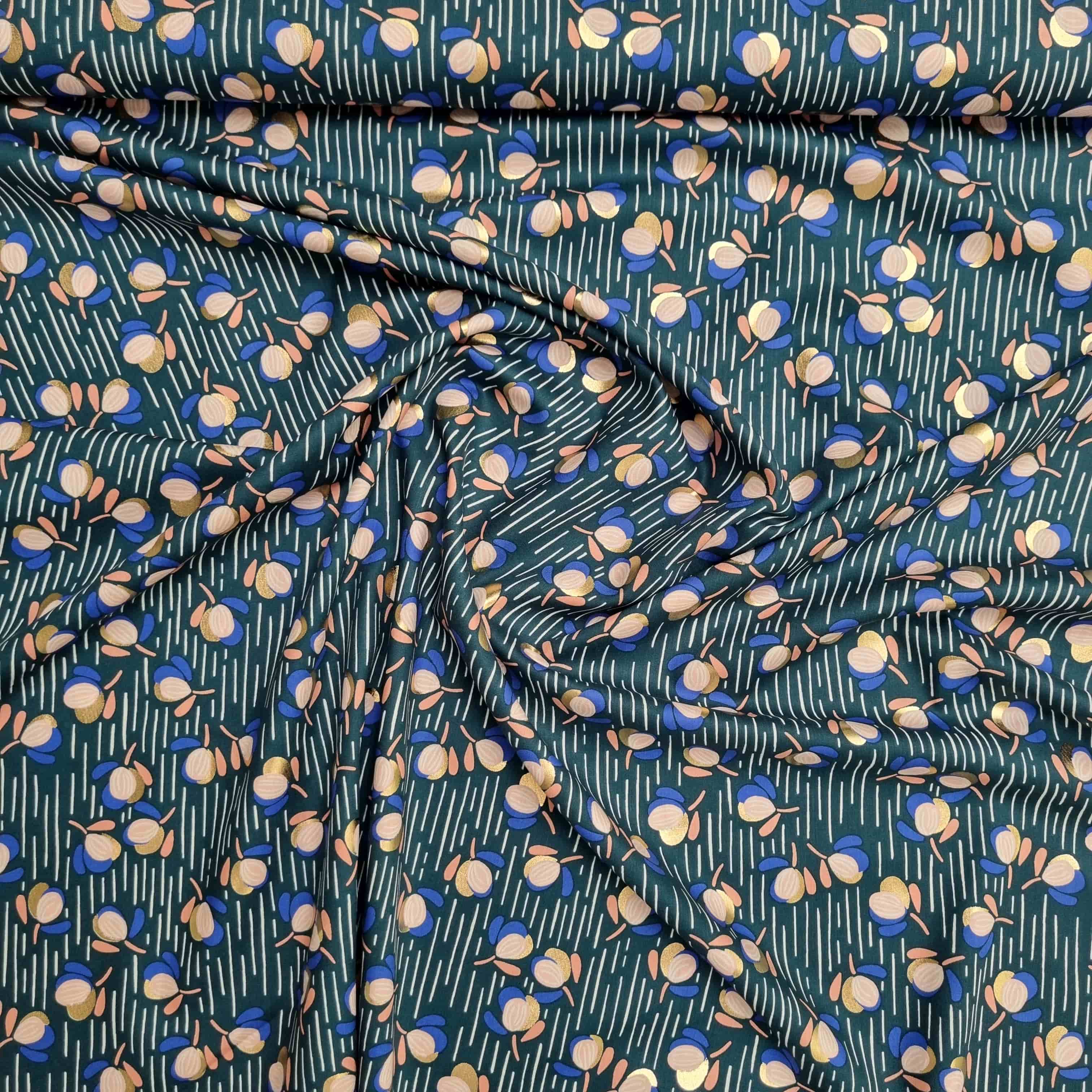 Blüten mit gold auf Viskosedruck Viskosewebstoff, neu Malu Stoffhaus Malu - Stoffhaus