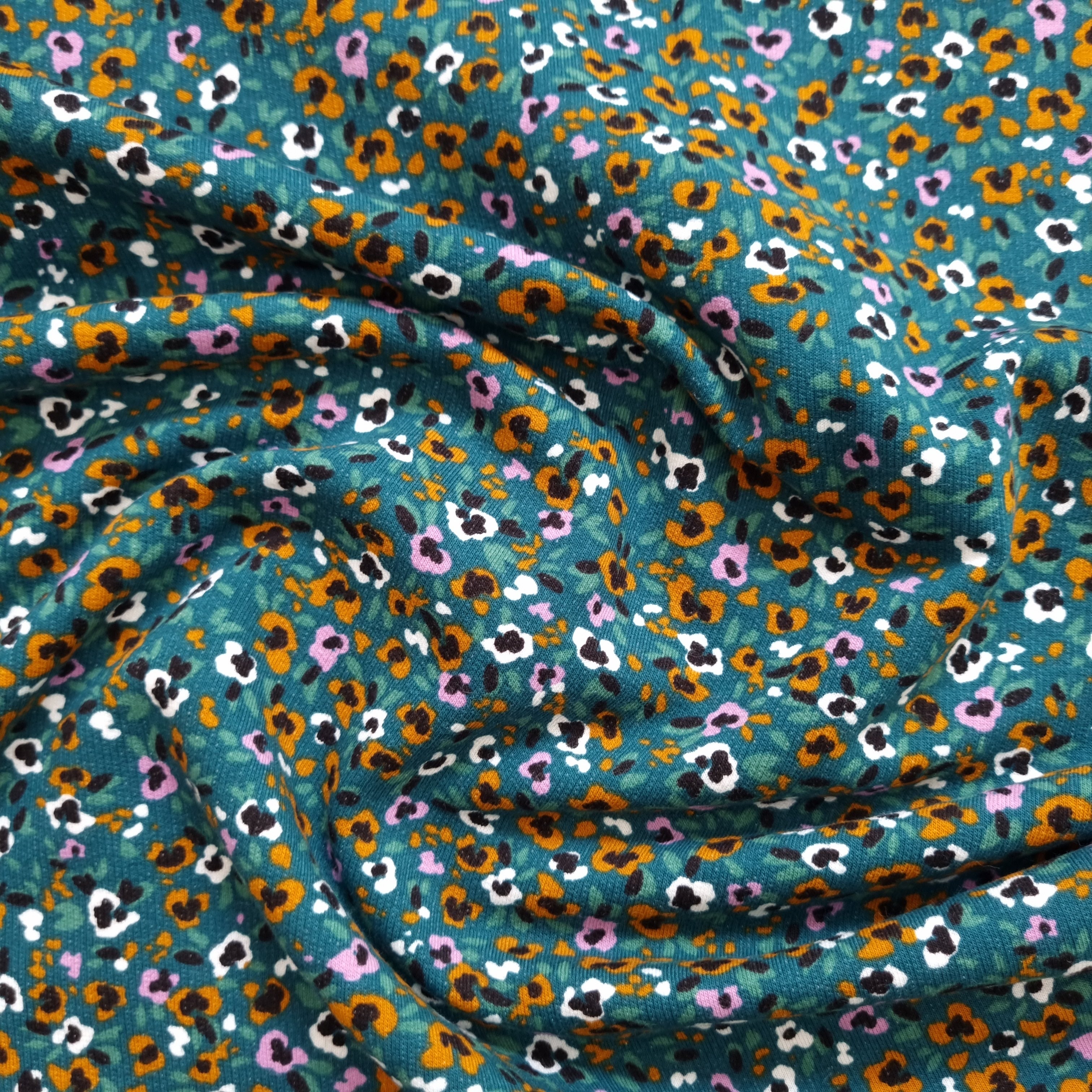 petrolfarbener Kuschelsweat mit kleinen Blüten Sweat, neu Malu Stoffhaus - Nähschule - Atelier Malu - Stoffhaus