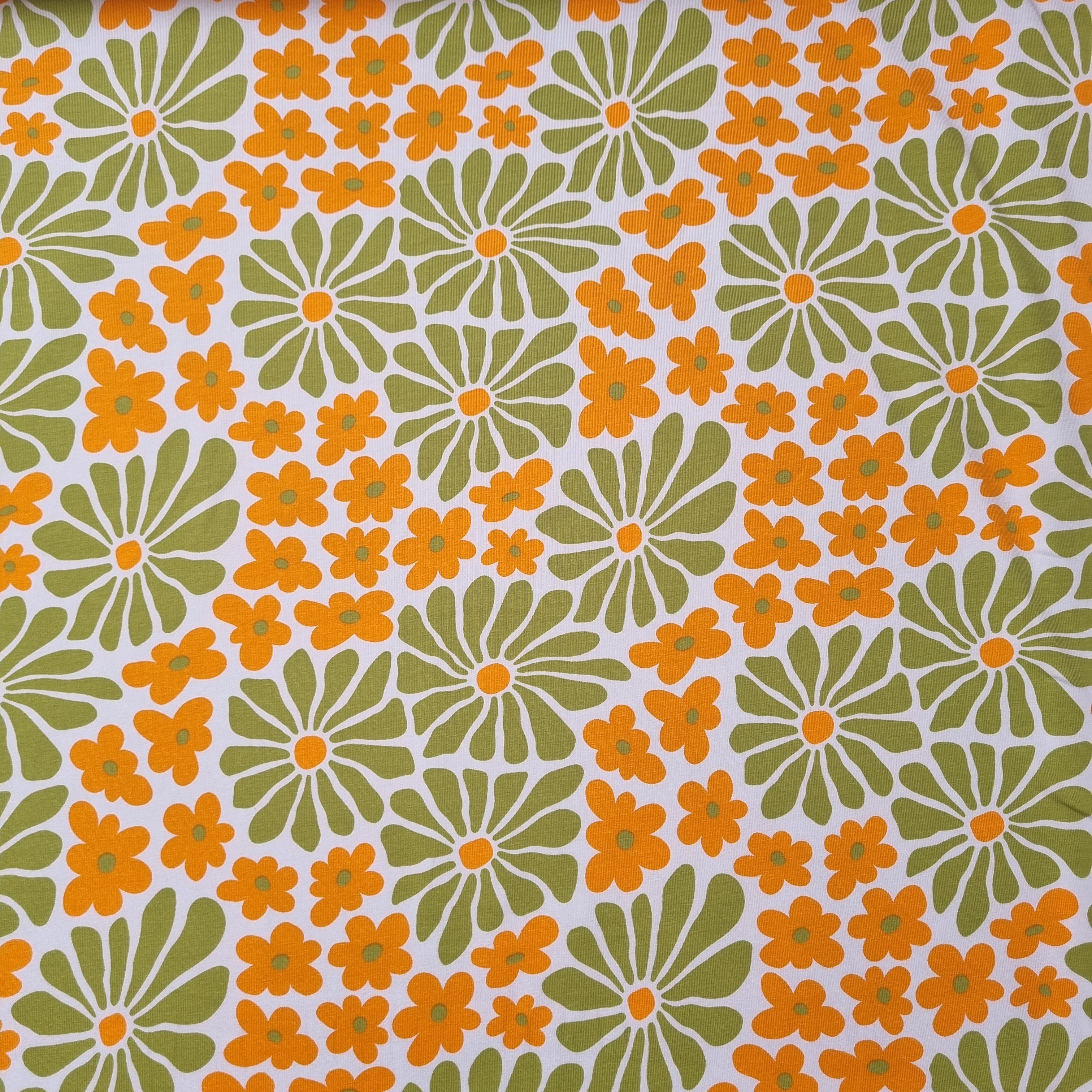 Baumwolljersey mit Retroblumen grün/orange jersey, neu Hemmers Itex Malu - Stoffhaus