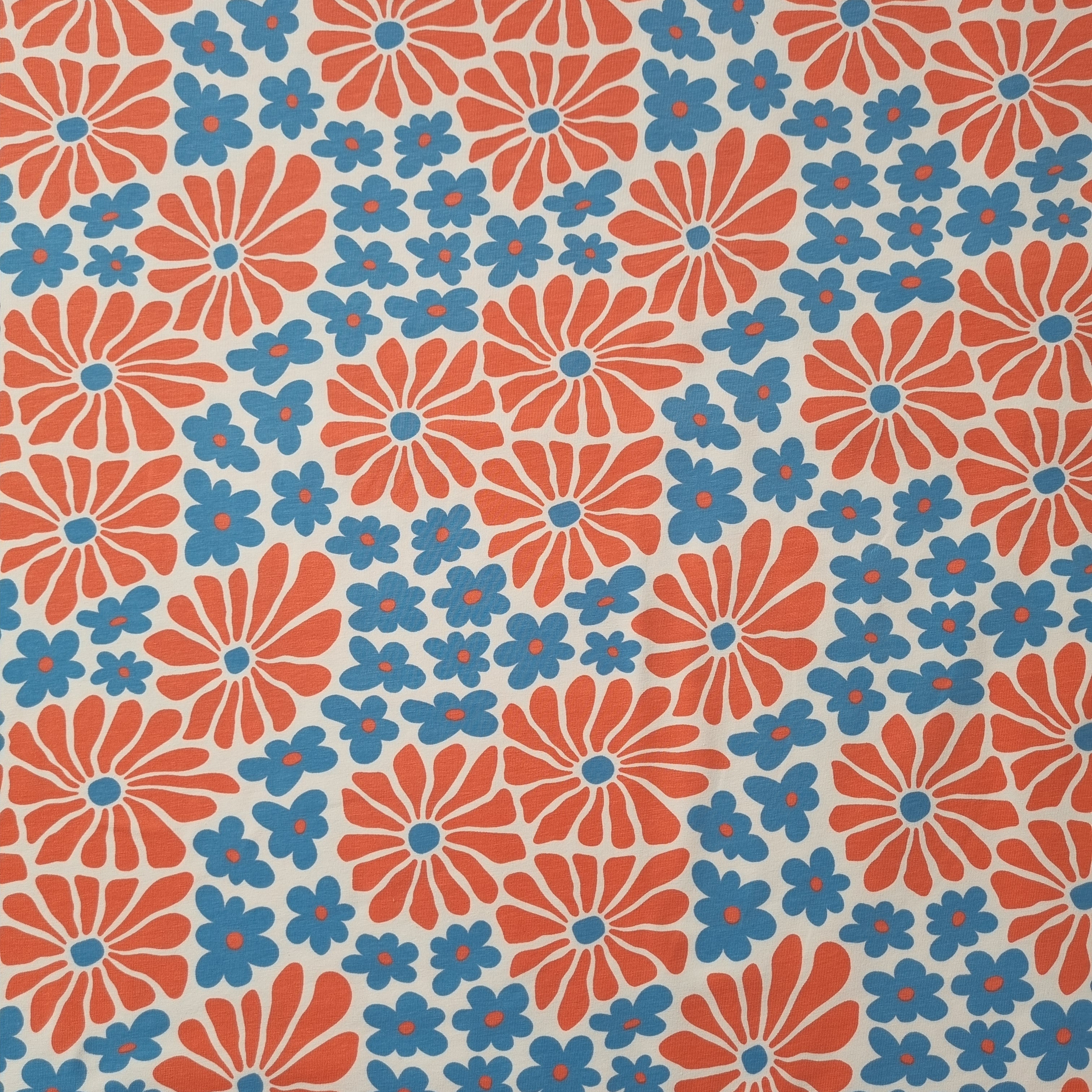 Baumwolljersey mit Retroblumen hellblau/rosa jersey, neu Hemmers Itex Malu - Stoffhaus