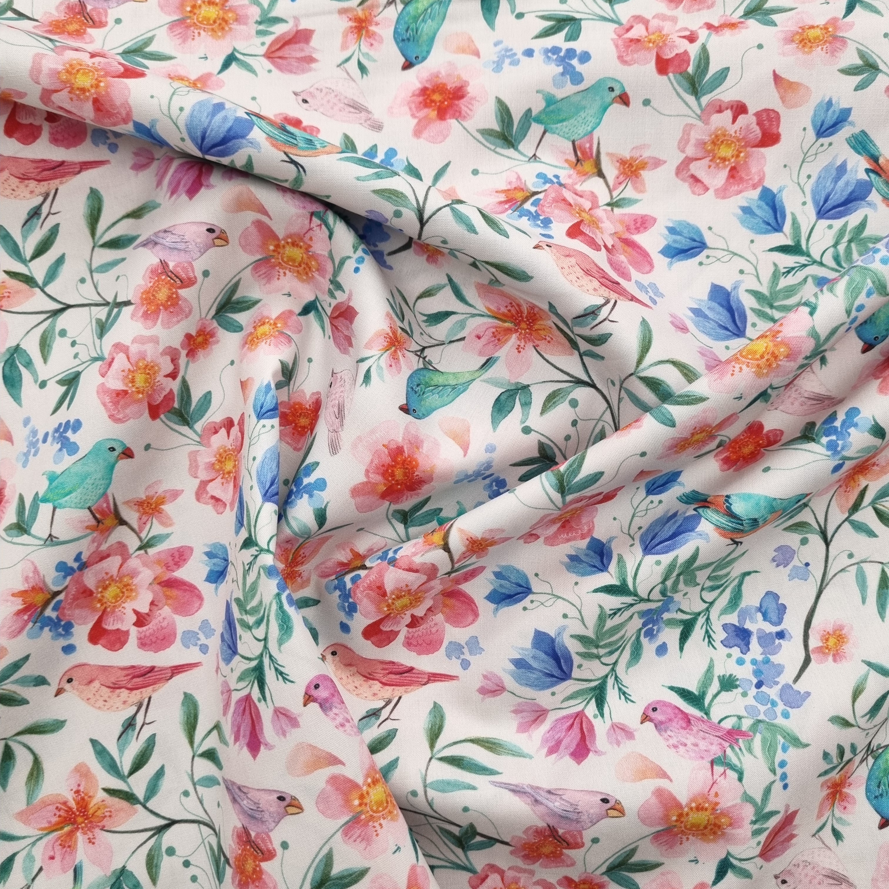 Blüten und Vögel auf Baumwollpopeline Webstoff Malu Stoffhaus Malu - Stoffhaus